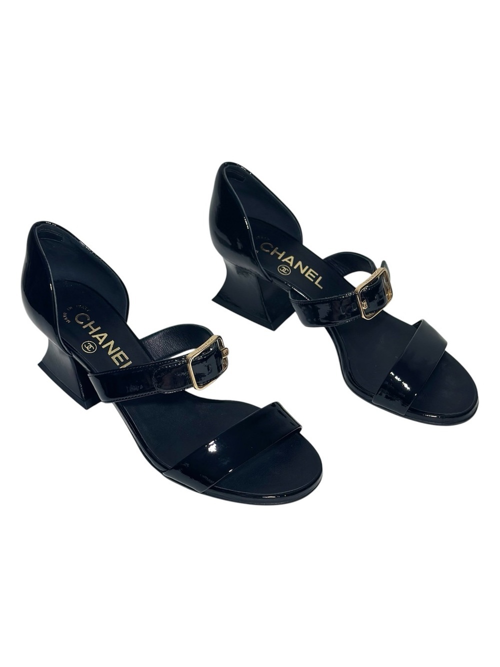 CHANEL Black Patent Goatskin 2022 22S Curved Block Heel Sandal size 36 Authentic